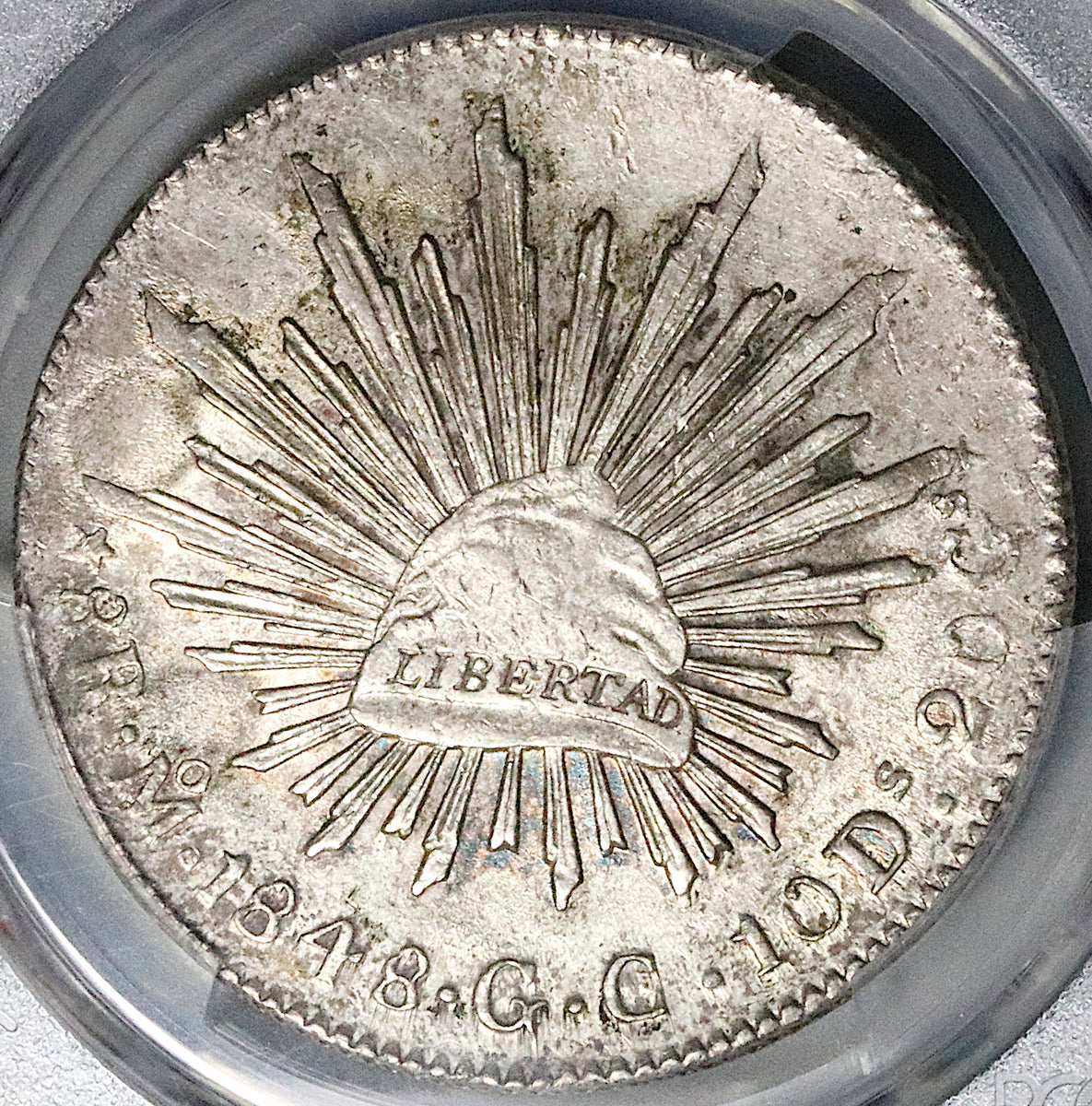 1848-Mo GC PCGS UNC Mexico 8 Reales Rare Cap Rays Silver Coin (23091801C)