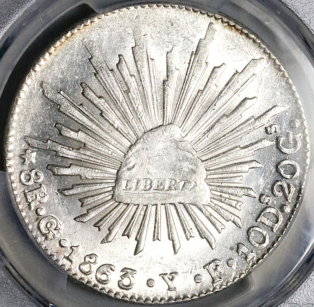 1863-Go PCGS MS 63 Mexico 8 Reales Guanajuato Cap Rays Silver Coin  (23092501C)