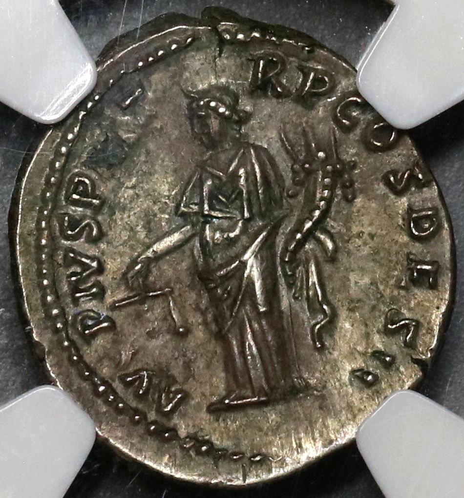 138 NGC AU Antoninus Pius Roman Empire Denarius COS DES II Aequitas  (21082104C)