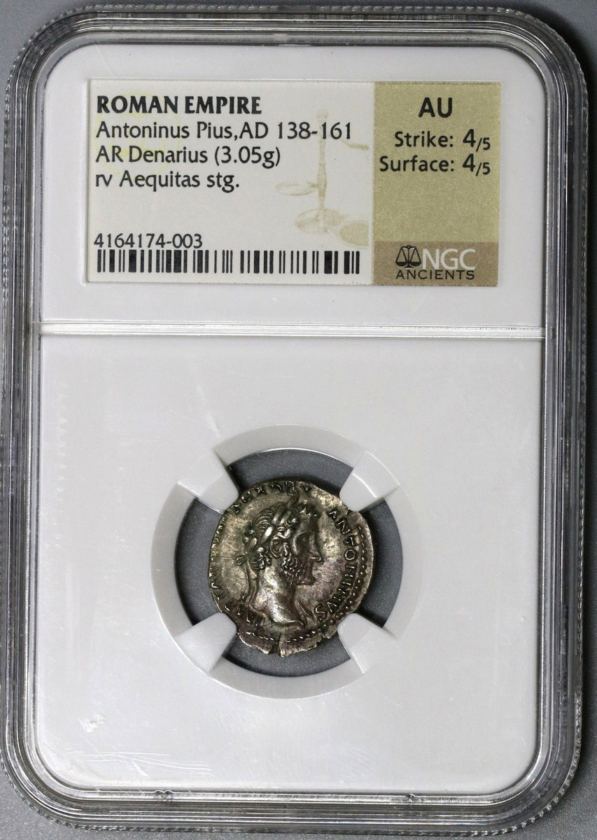 138 NGC AU Antoninus Pius Roman Empire Denarius COS DES II Aequitas  (21082104C)