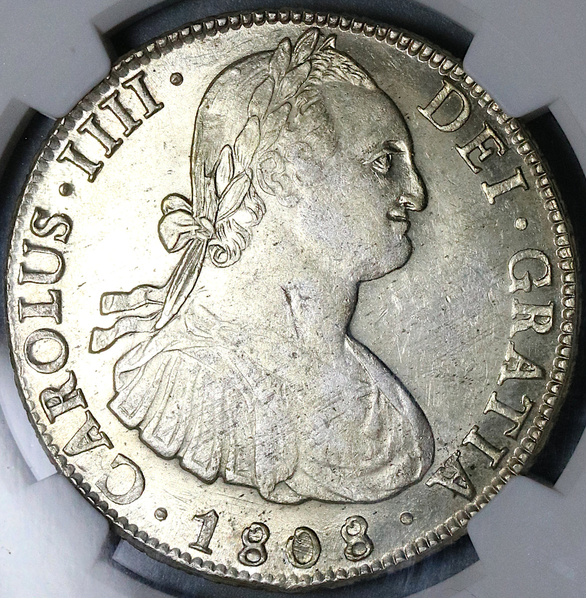 1808 NGC AU 58 Bolivia Charles IIII 8 Reales Spain Colonial Silver Coin  (21122501C)