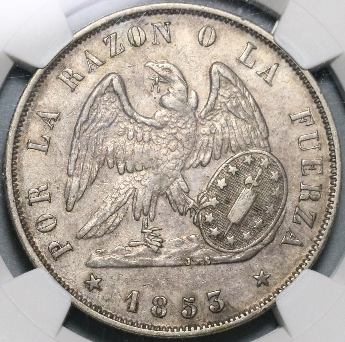 1853-So NGC AU 53 Chile 1 Peso Condor Silver Crown Coin (20071401D)