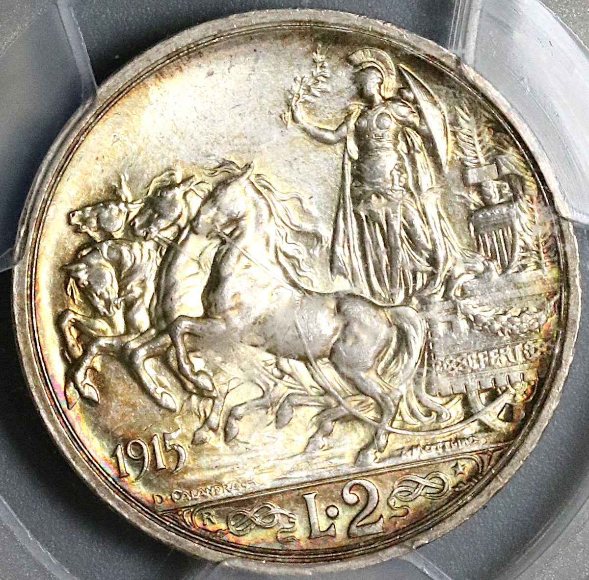 1915 PCGS MS 64 Italy 2 Lire Horses Chariot Silver Mint State Coin