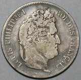 1834-L France 5 francs AVF Louis Philippe Rare Bayonne Mint Silver Coin (24010302R)