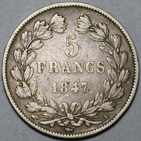 1847-A France 5 Francs VF Louis Philippe Paris Silver Crown Coin (24042402R)