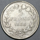 1833-L France 5 francs Louis Philippe Scarce Bayonne Mint Silver Coin (23112503R)