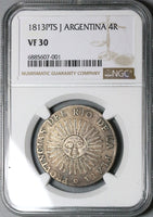 1813 NGC VF 30 Argentina 4 Reales Sunface Rio Plata Rare Silver Coin (24051201C)