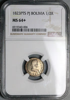 1823NGC MS64+ Bolivia 1/2 Ferdinand VII Spain Colonial Silver Coin POP 1/3 (24112404D)