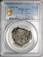 1738 PCGS AU 50 Bolivia Cob 4 Reales Potosi Philip V Colonial Silver Coin POP 2/0 (24110604C)