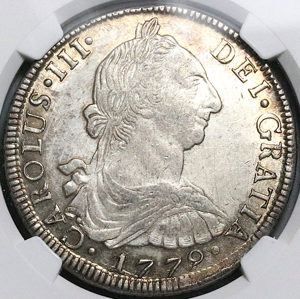 1779 NGC AU 53 Bolivia 8 Reales Charles III Spain Colonial Silver Coin (24112103D)