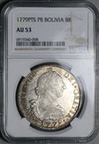 1779 NGC AU 53 Bolivia 8 Reales Charles III Spain Colonial Silver Coin (24112103D)