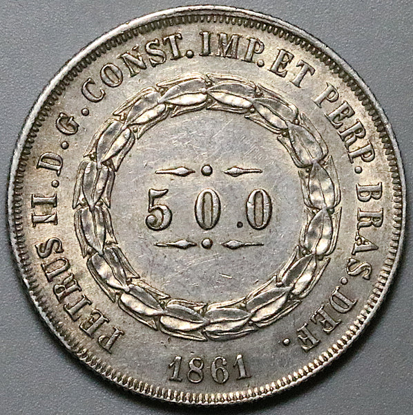 1861 Brazil 500 Reis AU Emperor Pedro II Silver Coin (25021604R)