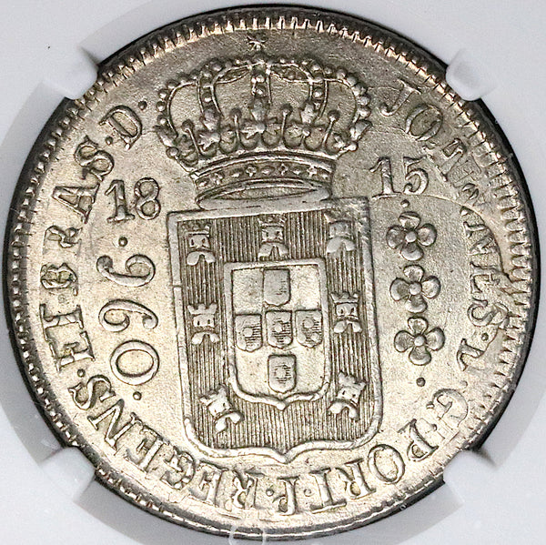 1815-R NGC MS 61 Brazil 960 Reis Overstruck Mexico 8 Reales Coin (25012104C)