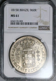 1815-R NGC MS 61 Brazil 960 Reis Overstruck Mexico 8 Reales Coin (25012104C)