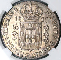 1816-B NGC MS 61 Brazil 960 Reis Overstruck Peru 8 Reales 1802 Coin (24063002C)