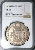 1816-B NGC MS 61 Brazil 960 Reis Overstruck Peru 8 Reales 1802 Coin (24063002C)