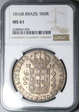 1816-B NGC MS 61 Brazil 960 Reis Overstruck Peru 8 Reales 1802 Coin (24063002C)