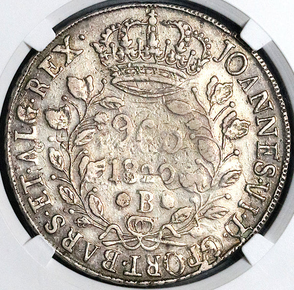 1820-B NGC AU Brazil 960 Reis Overstruck Mexico 8 Reales 1809 BARS Mint Error Coin (24102302D)