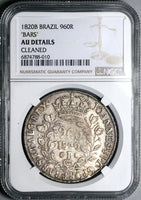 1820-B NGC AU Brazil 960 Reis Overstruck Mexico 8 Reales 1809 BARS Mint Error Coin (24102302D)