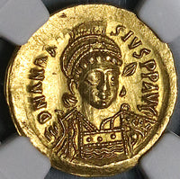 498 NGC Ch AU Byzantine Empire Anastasius AV Gold Solidus Victory Coin (24061102D)