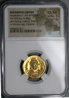 498 NGC Ch AU Byzantine Empire Anastasius AV Gold Solidus Victory Coin (24061102D)