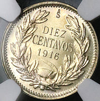 1916 NGC MS 66 Chile 10 Centavos Condor Bird Santiago Mint Silver Coin POP 3/0 (24102301D