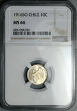 1916 NGC MS 66 Chile 10 Centavos Condor Bird Santiago Mint Silver Coin POP 3/0 (24102301D