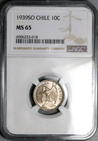 1939 NGC MS 65 Chile 10 Centavos Condor Bird Santiago Mint State Coin (24112706C