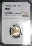 1939 NGC MS 65 Chile 10 Centavos Condor Bird Santiago Mint State Coin (24112706C