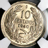 1940 NGC MS 64 Chile 10 Centavos Condor Bird Santiago Mint State Coin (24112705C)