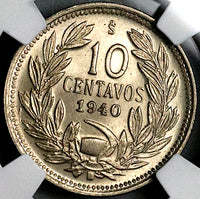 1940 NGC MS 64 Chile 10 Centavos Condor Bird Santiago Mint State Coin (24112705C)