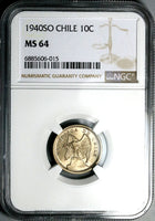 1940 NGC MS 64 Chile 10 Centavos Condor Bird Santiago Mint State Coin (24112705C)