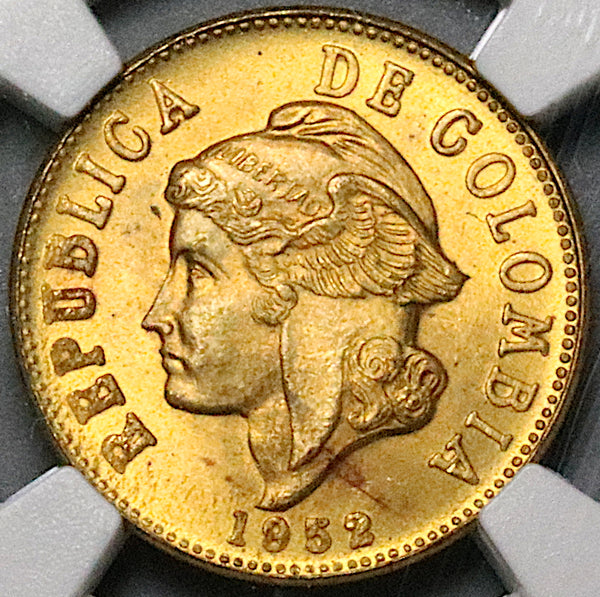 1952-B NGC MS 65 Colombia 2 Centavos Bogota Gem Mint State Coin POP 3/0 (24070601C)