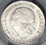 1874 PCGS AU 58 Colombia 2 Decimos Medellin 20 Centavos Silver Coin POP 1/0 (24091102D)