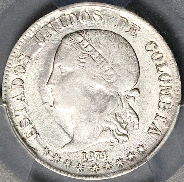 1874 PCGS AU 58 Colombia 2 Decimos Medellin 20 Centavos Silver Coin POP 1/0 (24091102D)