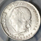 1874 PCGS AU 58 Colombia 2 Decimos Medellin 20 Centavos Silver Coin POP 1/0 (24091102D)