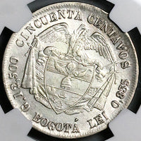 1884 NGC AU 58 Colombia 50 Centavos Bogota SIlver Liberty Head Coin (24071403C)