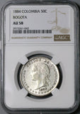 1884 NGC AU 58 Colombia 50 Centavos Bogota SIlver Liberty Head Coin (24071403C)