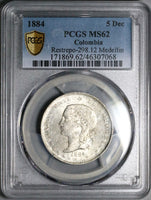 1884 PCGS MS 62 Colombia 5 Decimos Medellin 50 Centavos Silver Coin POP 2/1 (24092902C)