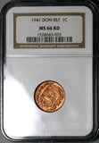 1941 NGC MS 66 RD Dominican Republic 1 Centavo RED Gem Bronze Coin (24111703C)