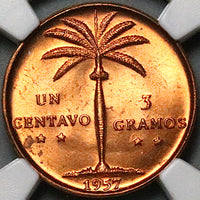 1957 NGC MS 65 Dominican Republic 1 Centavo Palm Tree RED Gem Coin Coin (24092901C)