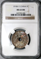 1918-A NGC MS 63 French Indo China 1 Cent Vietnam Mint State Coin (24082701C)