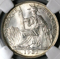 1937 NGC MS 66 French Indo China 20 Cents Vietnam Mint State Silver Coin (24082703C)