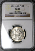 1937 NGC MS 66 French Indo China 20 Cents Vietnam Mint State Silver Coin (24082703C)