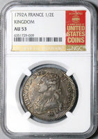 1792/1-A NGC AU 53 Louis XVI France 1/2 Ecu Paris Mint Royal Overdate Silver Coin (23072304D)