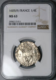 1605-9 NGC MS 63 France 1/4 Ecu Henry IV Silver Coin Rennes POP 1/0 (25031803C)