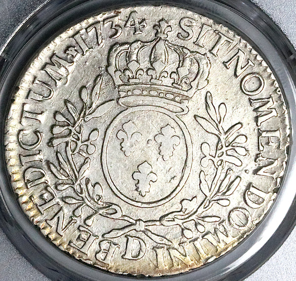1734-D PCGS VF France Louis XV Ecu Lyon Mint Crown Silver Coin (24051501D)