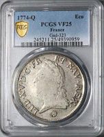 1774-Q PCGS VF 25 France Louis XV Ecu Perpignan Rare Silver Coin POP 1/0 (24051502D)