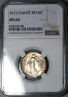 1913 NGC MS 64 France 1 Franc Sower Mint State Paris Silver Coin (24121802C)