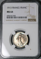 1913 NGC MS 64 France 1 Franc Sower Silver Mint State Paris Coin (24121003C)